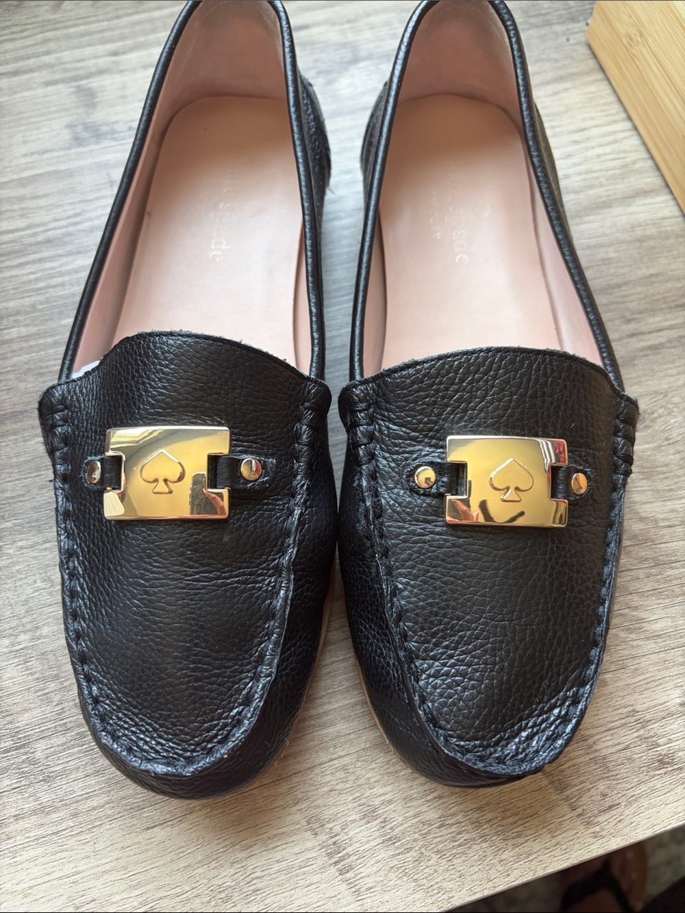 kate spade Black Leather Loafers with Gold Logo Accents